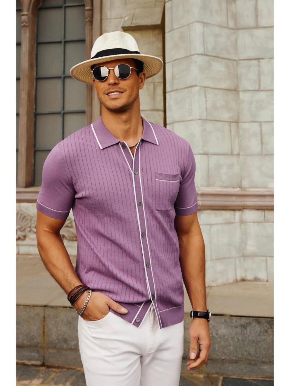 Men's Purple Short Sleeve 70s Vintage Polo Contrast Knit Retro Top Casual Shirt - Picture 2 of 6